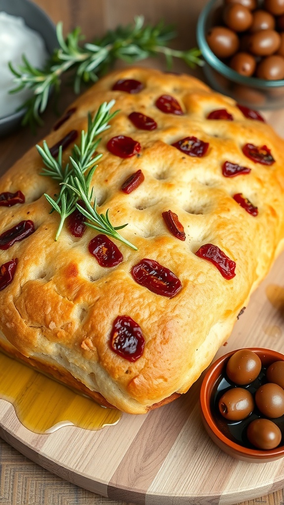 Sun-Dried Tomato Focaccia Bread Recipe Golden brown focaccia bread topped with sun-dried tomatoes and rosemary on a wooden board.